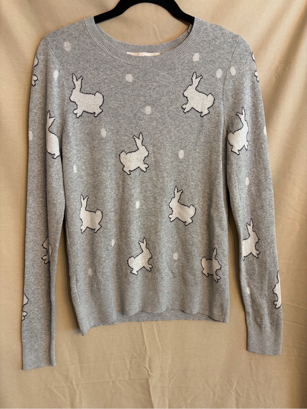 LOFT Gray Crewneck Sweater with White Bunny Motif 100% Cotton